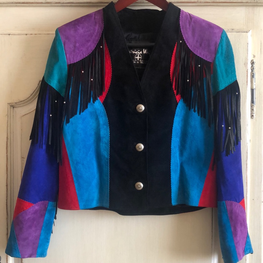 Vintage Patricia Wolf Suede Fringe Jacket. Multi-Color, black fringe.